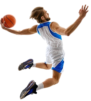 Vista traseira de um jogador de basquetebol a saltar com uma bola enquanto se prepara para uma enterrada atlética