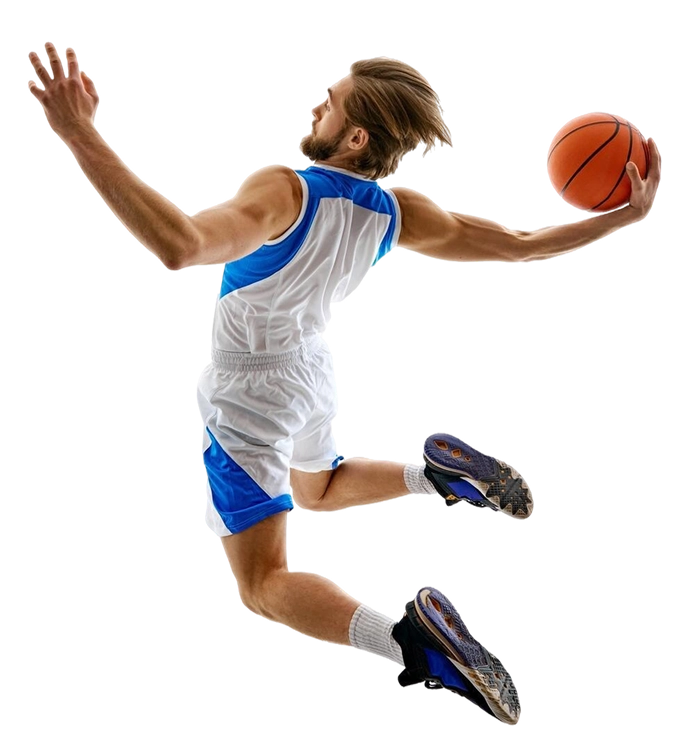 Vista traseira de um jogador de basquetebol a saltar com uma bola enquanto se prepara para uma enterrada atlética