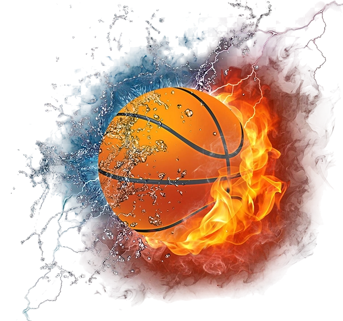 Basquetebol rodeado por efeitos de fogo e água simbolizando energia, intensidade e dinâmica competitiva do desporto